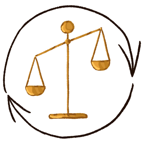 a drawing of a golden scale, which is unequal. there are two arrows around it going in a circular motion.